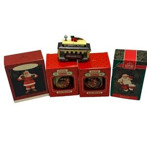 Vintage Coca Cola Santa Hallmark Ornaments & Hershey Wooden Trolley Lot 5pc
